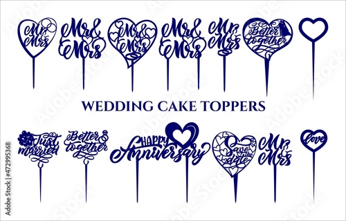 Set of wedding cake toppers with quotes in heart shapes.