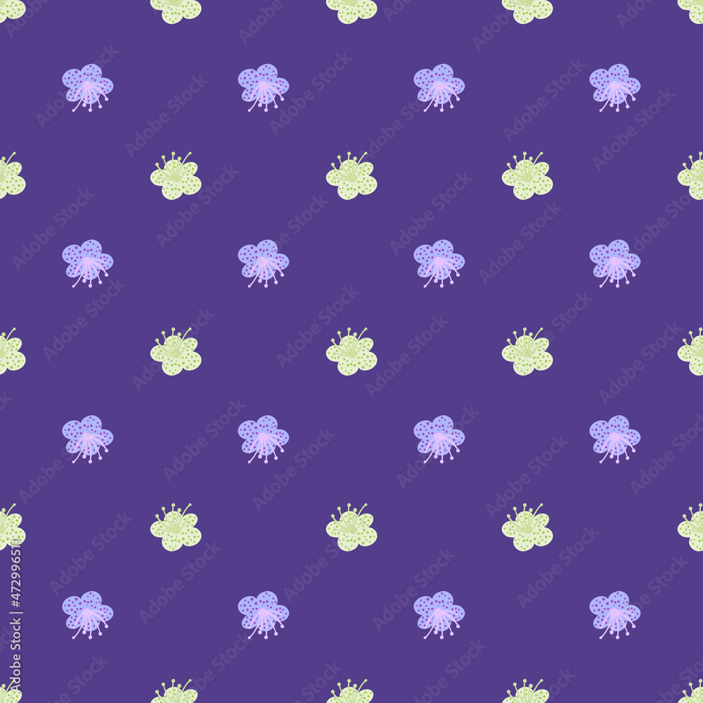 Seamless pattern spring plants on purple background. Vector floral template in doodle style with flowers.