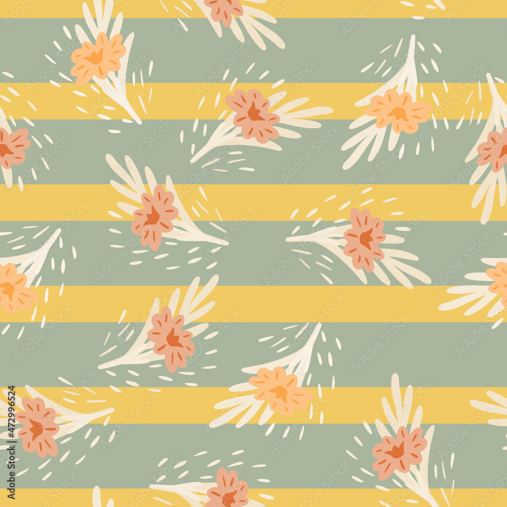 Seamless pattern with bouquets of small flowers on green yellow striped background. Vector floral template in doodle. Gentle summer botanical texture.