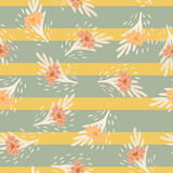 Seamless pattern with bouquets of small flowers on green yellow striped background. Vector floral template in doodle. Gentle summer botanical texture.