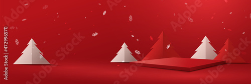 Red product geometric display mockup winter Xmas, Christmas background