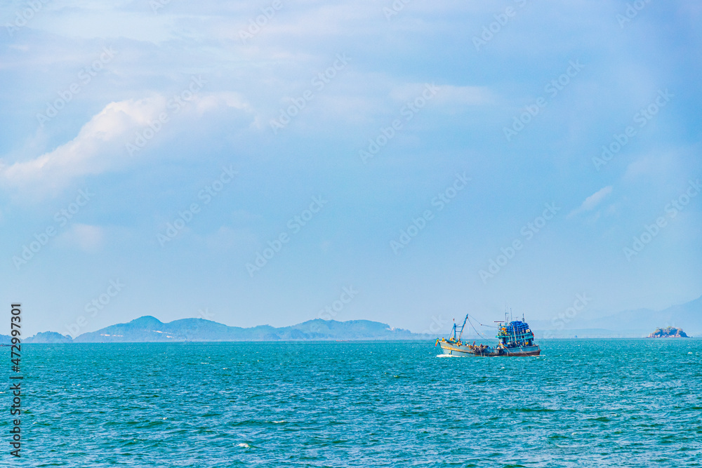 Old fisher boats sea landscape panorama of Myanmar and Thailand.