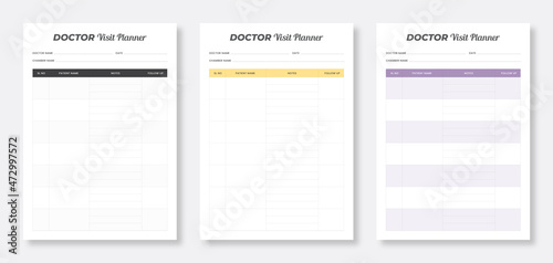 Doctor visit planner template. Minimalist planner pages templates. Printable planner templates. Set of doctor visit planner templates.