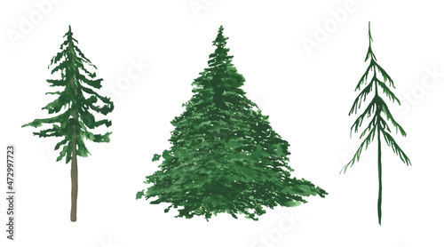 Spruce, pine, and scotch fir isolated on a white background. Watercolor set of 3 silhouettes of evergreen plants. Christmas tree clipart. Landscape scene objects. Hand-drawn pine trees illustration. photo