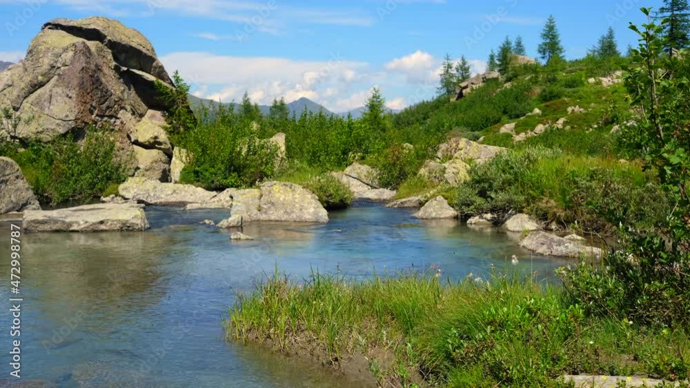 Beautiful view of a high mountain stream in a sunny day. Quite and relaxing atmosphere. Beautiful view of a high mountain stream in a sunny day. Quite and relaxing atmosphere.