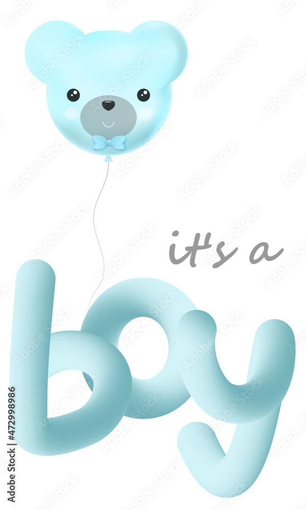 Baby party blu balloon. Cute teddy bear character.
