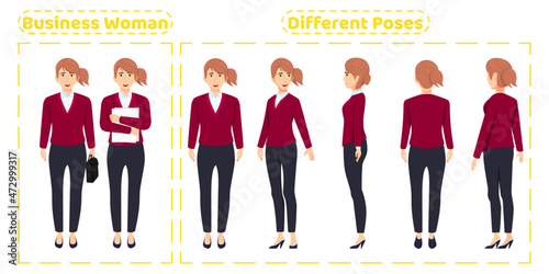 Cute business woman character set wearing cute business outfit with different poses front side back view with cheerful facial expressions Animation creation