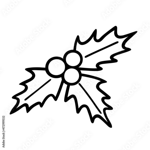 Нolly. Doodle. A sprig of holly with leaves and berries isolated on white background. Symbol of Christmas. Ilex aquifolium. 

