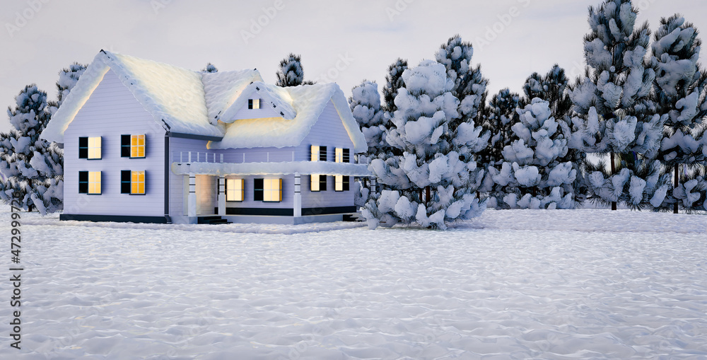 Merry Christmas festival with snow and Christmas tree and snow house, 3D illustrations rendering