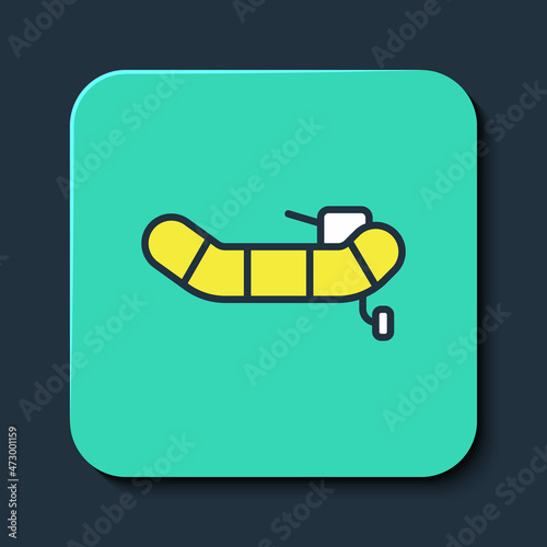 Filled outline Inflatable boat with outboard motor icon isolated on blue background. Turquoise square button. Vector