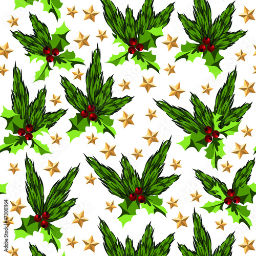 Seamless pattern with Christmas elements fir twigs, berry leaves and stars