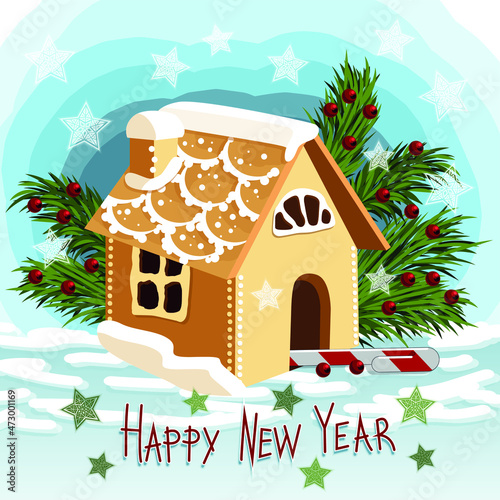 Christmas gingerbread house card with fir branches, snow, stars, berries and candy