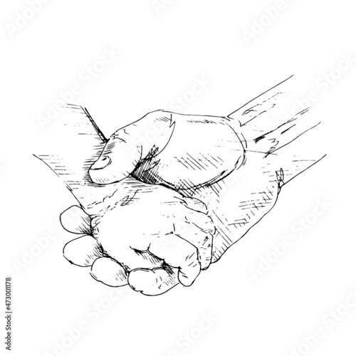 Parent and Child Holding Hand, Hand Drawn Illustration, Monochrome Isolated Vector