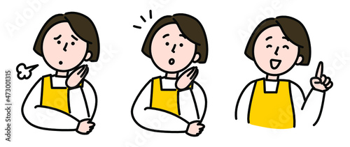 主婦　中年女性　お母さん　母　イラスト
ひらめく　悩む　解決　セット