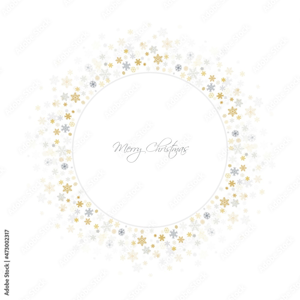 Christmas snowflakes round frame. background. Winter gold and silver snow minimal wreath on white, greeting card. New Year Holidays backdrop. Vector illustration Christmas snowflakes round frame. background. Winter gold and silver snow minimal wreath on white, greeting card. New Year Holidays backdrop. Vector illustration