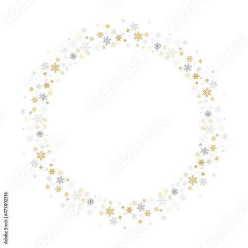 Christmas snowflakes round frame. background. Winter gold and silver snow minimal wreath  on white, greeting card. New Year Holidays backdrop. Vector illustration