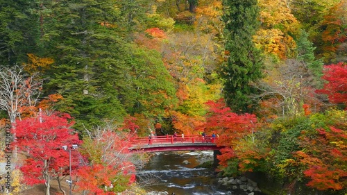 Red bridge and Fudo stream at Mount Nakano - Momiji in autumn in Kuroishi city ,Aomori prefecture, Tohoku region ,Japan