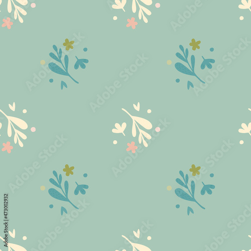 Small flowers and leaf seamless pattern. Floral endless ornament. Botanical backdrop.