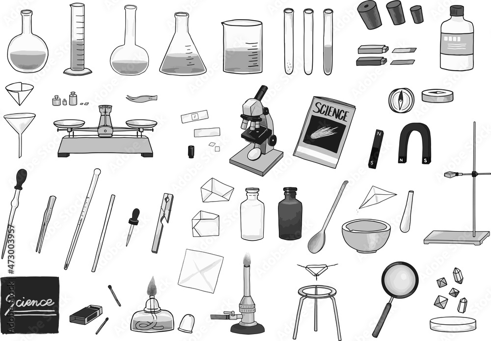 モノクロの理科の実験道具・器具セット ベクター素材 Stock ベクター | Adobe Stock