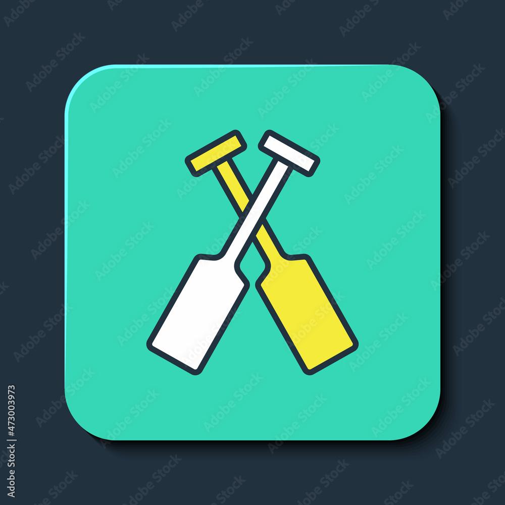 Filled outline Crossed oars or paddles boat icon isolated on blue background. Turquoise square button. Vector Filled outline Crossed oars or paddles boat icon isolated on blue background. Turquoise square button. Vector