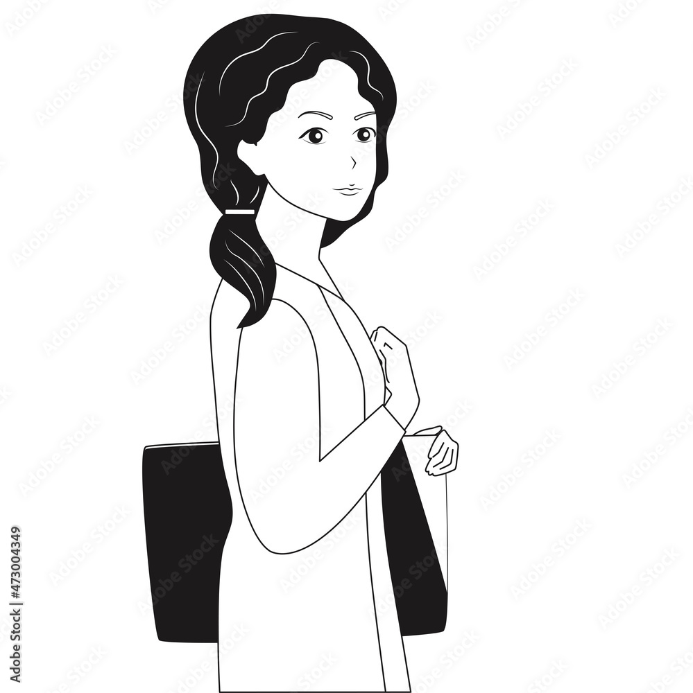 Black and white vector illustration hand drawing line. Girl goes to the store shopping. Black and white vector illustration hand drawing line. Girl goes to the store shopping.