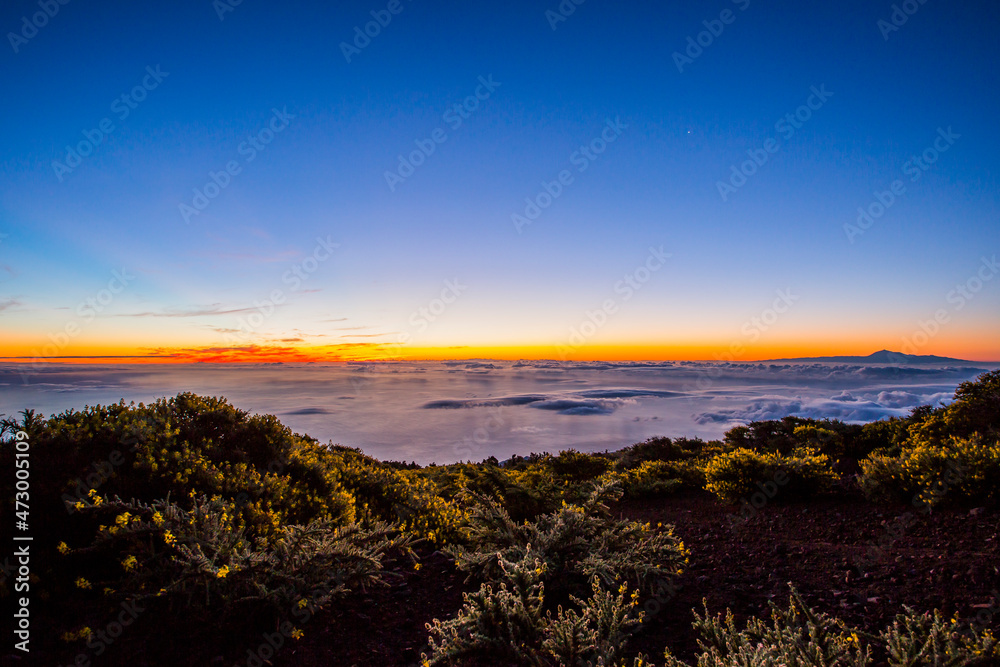 Spring sunrise, sea and Teide view in La Palma Island, Canary Islands, Spain Spring sunrise, sea and Teide view in La Palma Island, Canary Islands, Spain