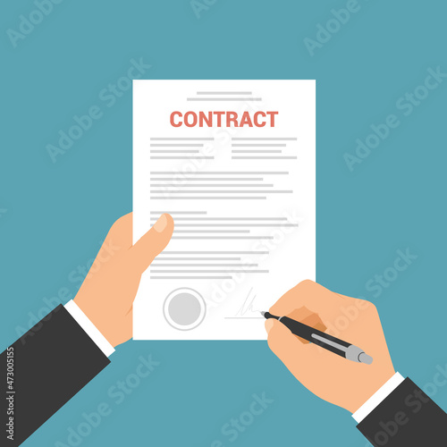 Flat design illustration of manager hand signing business contract with stamp, vector