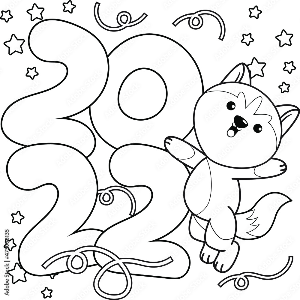 Fototapeta Happy new year coloring book with cute husky