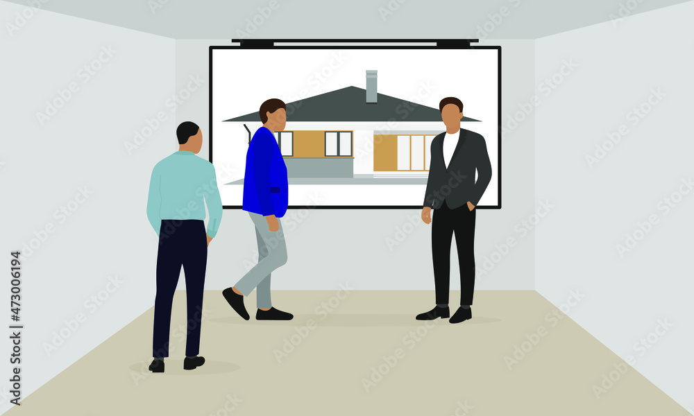 Three male characters in business attire stand in a room in front of a screen with a picture of a house Three male characters in business attire stand in a room in front of a screen with a picture of a house