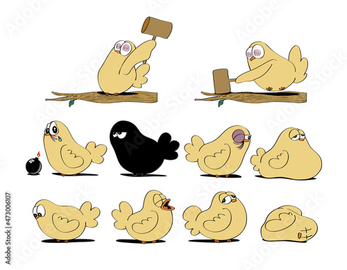 Cute funny vector set, collection of birds characters fighting angry and injured. Cartoon style vector illustration isolated on white background.