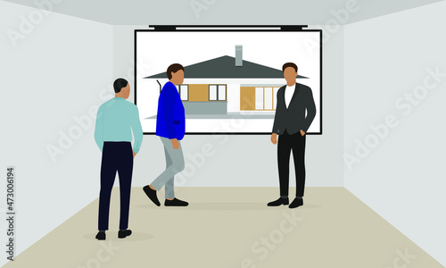 Three male characters in business attire stand in a room in front of a screen with a picture of a house © Tatyana