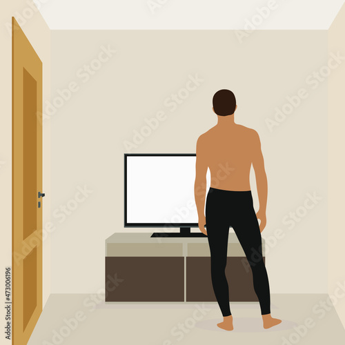 Male character in underpants looking at a tv screen in a room with a closed door