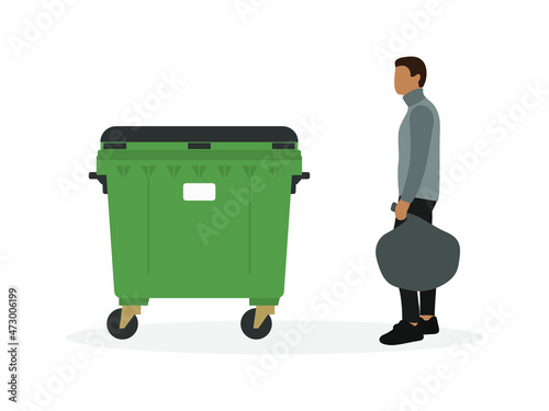 Male character with trash bag in hand stands near trash container on white background