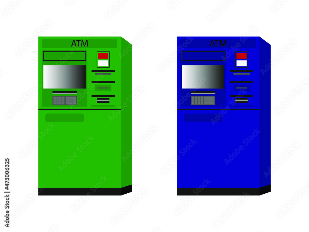 Two ATM machines (blue and green) on a white background Two ATM machines (blue and green) on a white background