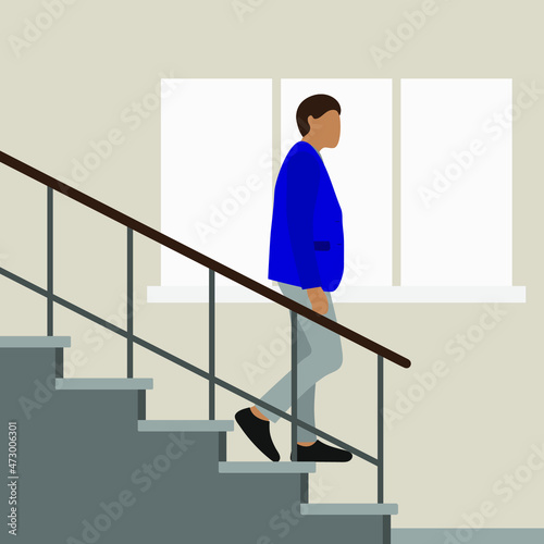 Male character in business clothes going down the stairs against the background of a wall with a window