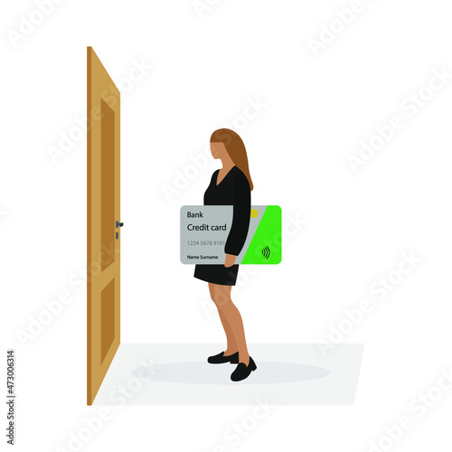 Female character with a huge credit card in hand stands in front of a closed door on a white background