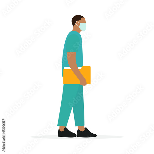 Male character in a medical uniform and a medical mask with a folder of documents in his hand stands on a white background