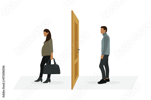 Pregnant female character with a bag in her hands and a male character on opposite sides of the door on a white background