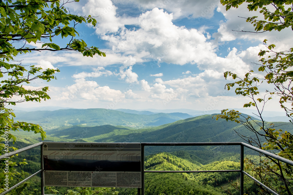 Fototapeta premium Southern panorama view from Jaraba skala mountain in Bukove hory mountains on Slovakia Poland border. Bieszczady Mountains