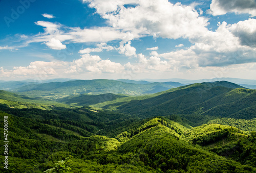 Fototapeta Naklejka Na Ścianę i Meble -  Southern panorama view from Jaraba skala mountain in Bukove hory mountains on Slovakia Poland border. Bieszczady Mountains