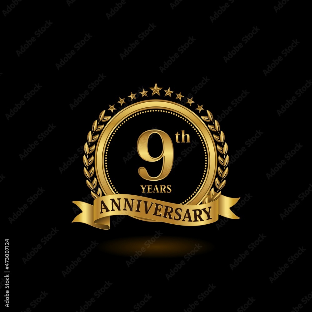 Naklejka premium 9th golden anniversary logo with ring and ribbon, laurel wreath vector design. EPS 10