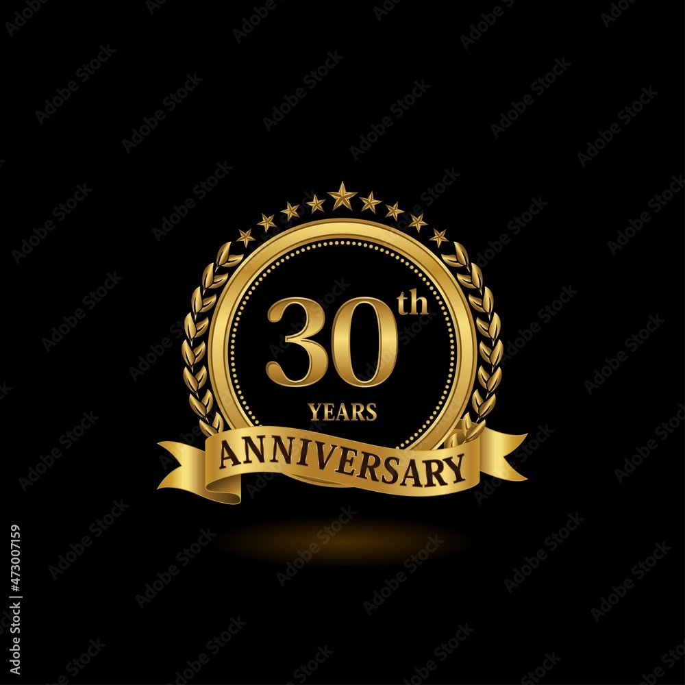 30th golden anniversary logo with ring and ribbon, laurel wreath vector ...
