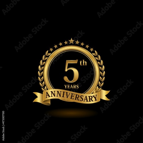5th golden anniversary logo with ring and ribbon, laurel wreath vector design. EPS 10