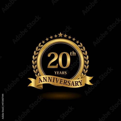 20th golden anniversary logo with ring and ribbon, laurel wreath vector design. EPS 10