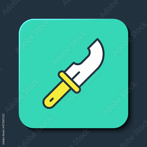 Filled outline Hunter knife icon isolated on blue background. Army knife. Turquoise square button. Vector