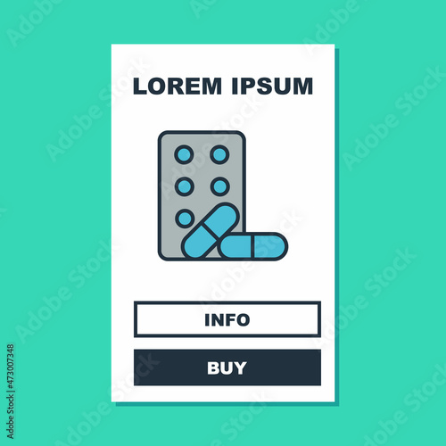 Filled outline Sports doping, anabolic drugs with dumbbell icon isolated on turquoise background. Anabolic steroids tablet. Pills in jar. Vector