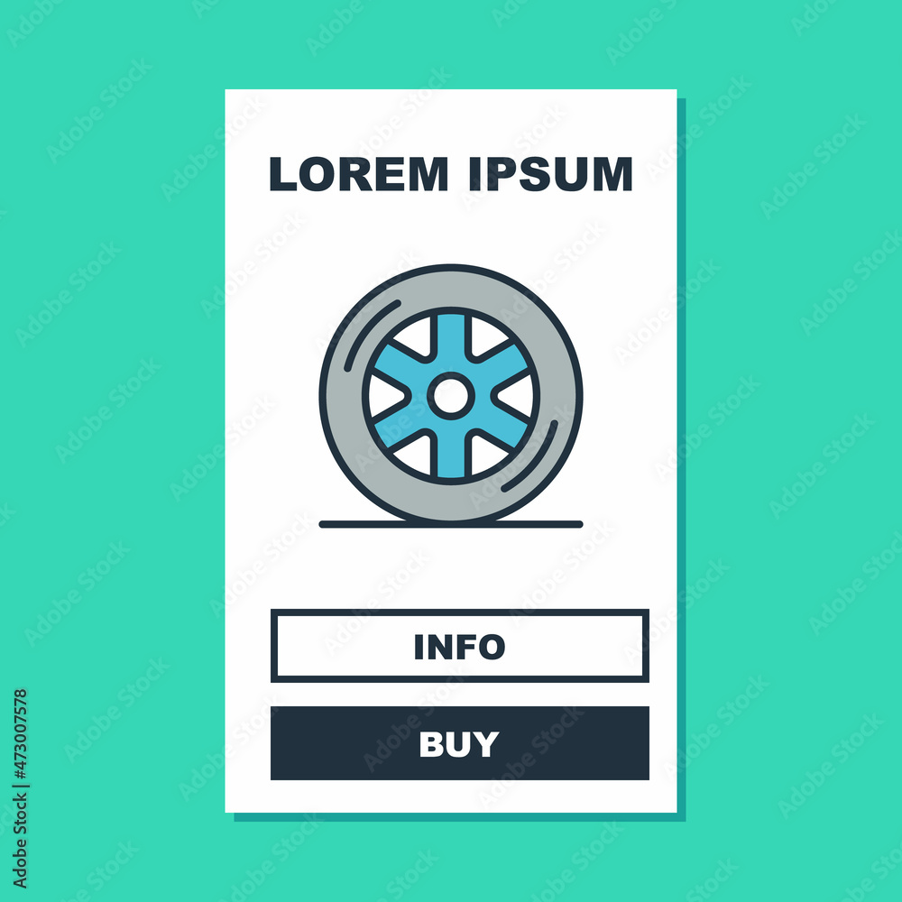 Filled outline Car wheel icon isolated on turquoise background. Vector