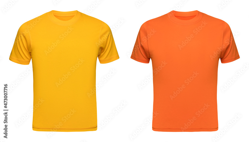 Yellow T-shirt template men isolated on white. Orange tee shirt blank as design mockup. Front view - obrazy, fototapety, plakaty 