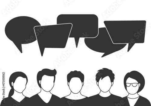 People avatars with speech bubbles. Men and woman communication, talking llustration. Coworkers, team, thinking, question, idea, brainstorm concept.