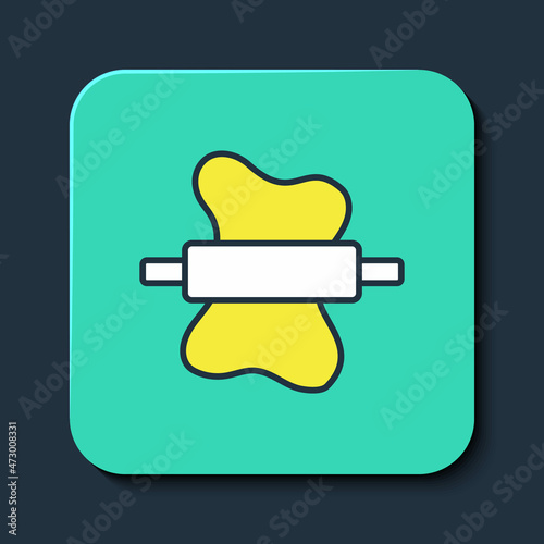 Filled outline Rolling pin on dough icon isolated on blue background. Turquoise square button. Vector